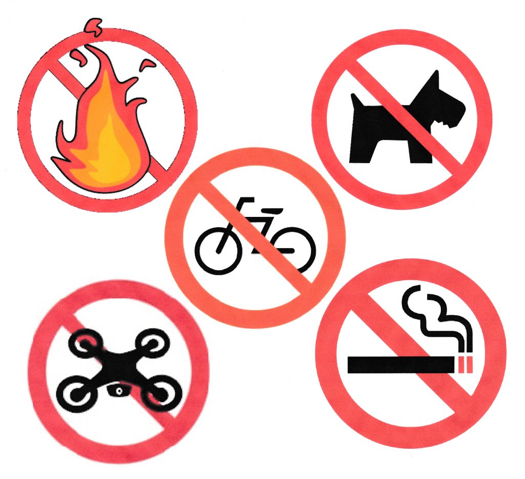 火気厳禁
場内禁煙
自転車・バイクの乗入れ禁止
ペットの入場禁止
ドローン飛ばし禁止